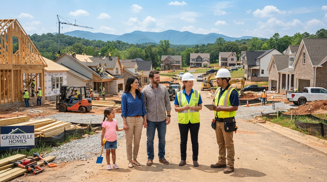 A construction site with new homes being built in Greenville SC with diverse workers