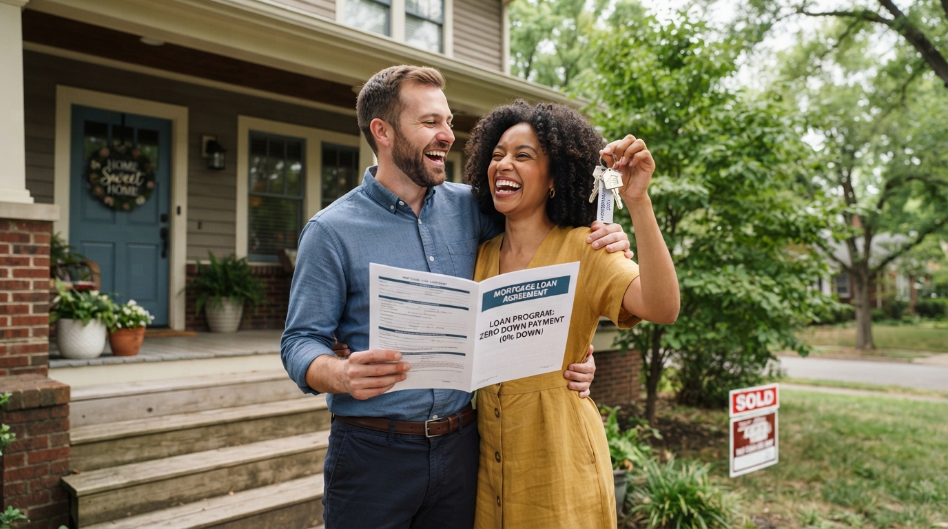 A diverse first-time homebuyer couple of different races celebrating with new house keys and mortgage documents showing no money down