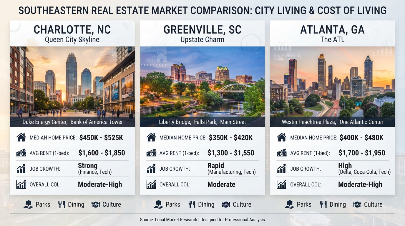 Three-way comparison of Charlotte NC, Greenville SC, and Atlanta GA cityscapes with cost of living data