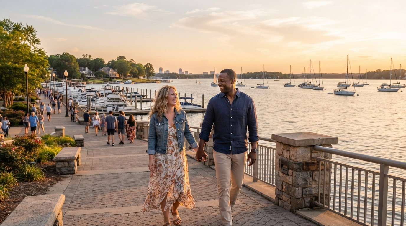 A diverse couple — a Black man and white woman — walking hand-in-hand along a waterfront promenade in Cornelius North Carolina with Lake Norman visible behind them, sailboats in the distance, at golden hour