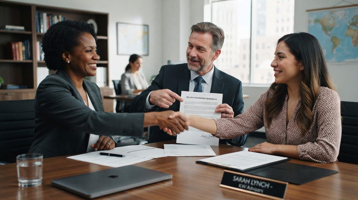 A diverse seller and buyer negotiating seller concessions at a table with a real estate agent