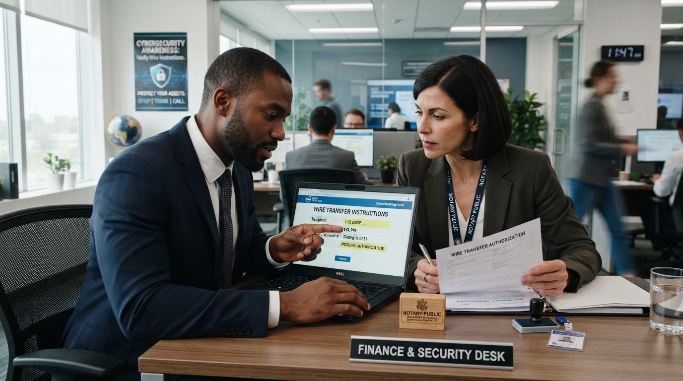 A diverse professional reviewing wire transfer instructions carefully with a notary at a laptop, cybersecurity awareness theme