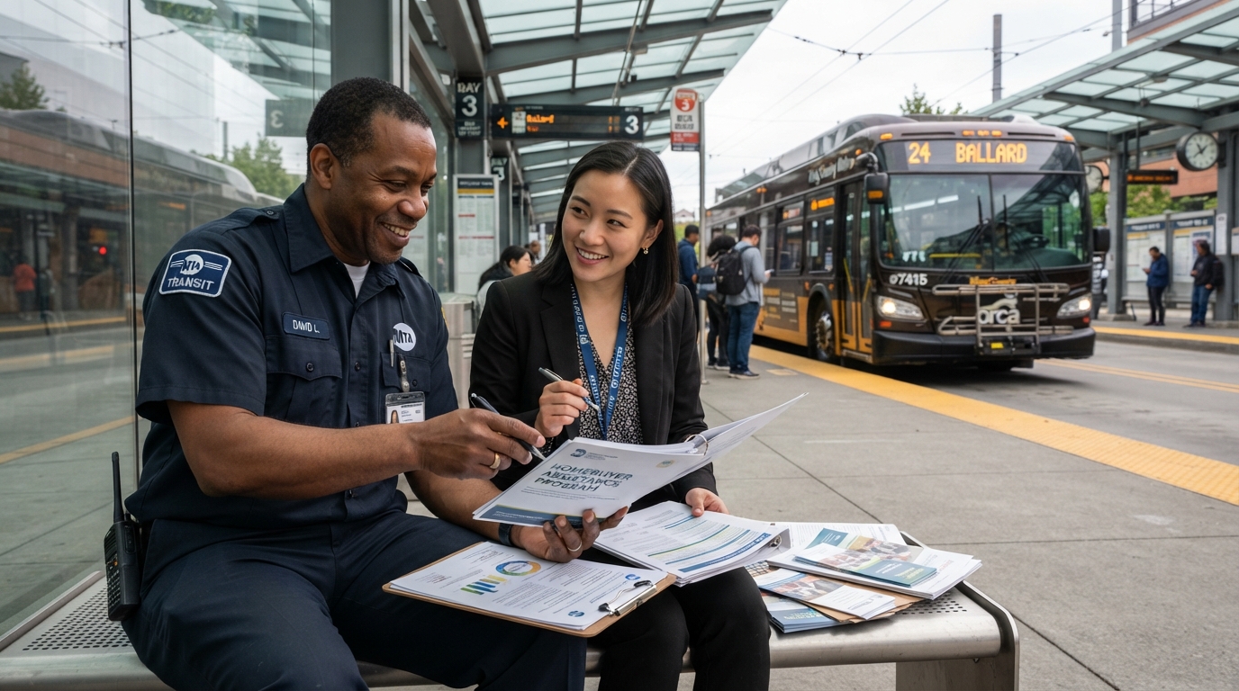 A diverse transit worker in uniform and public servant reviewing homebuyer program documents at a transit station with a bus visible in the background