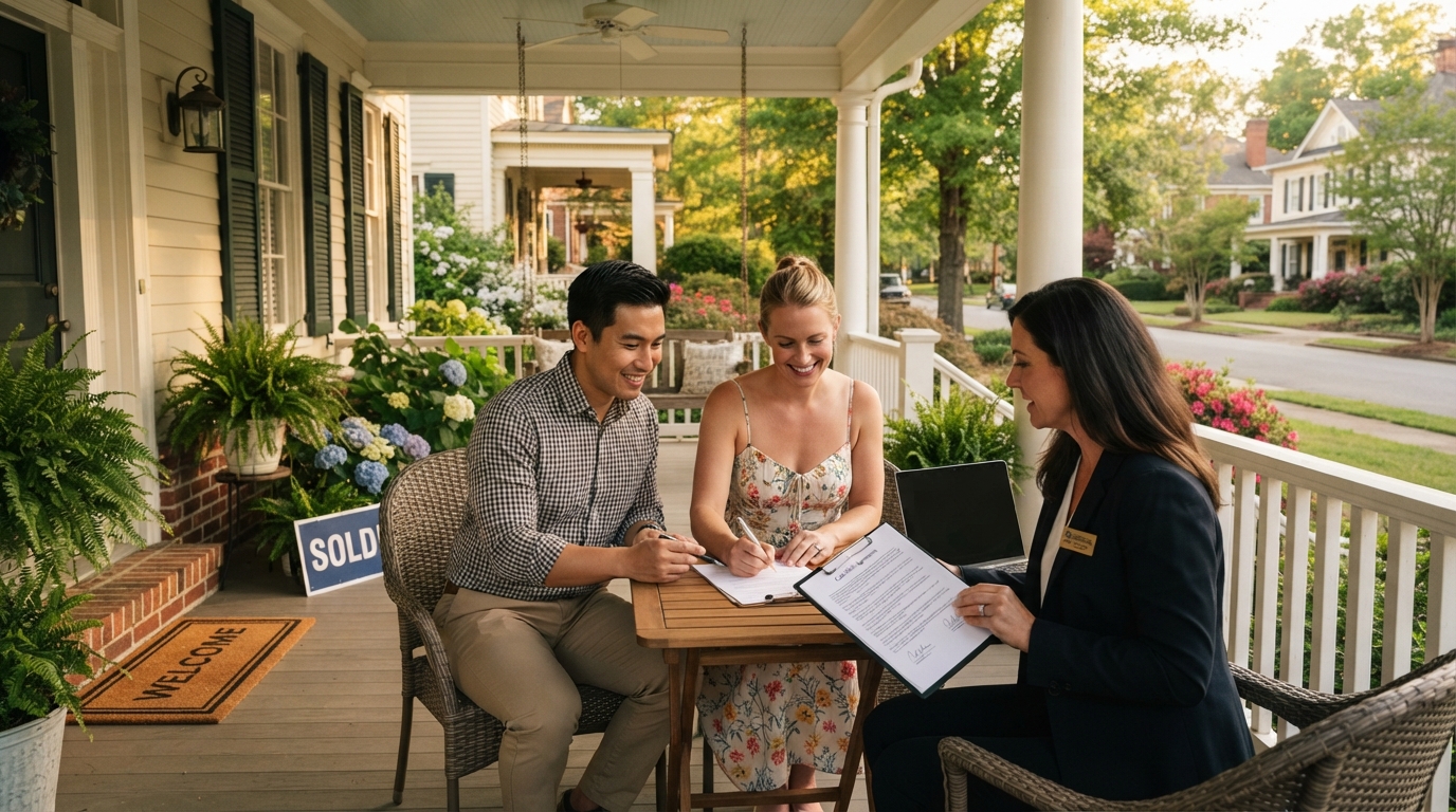 A diverse Greenville SC couple on a charming front porch reviewing cash offer documents with a real estate agent