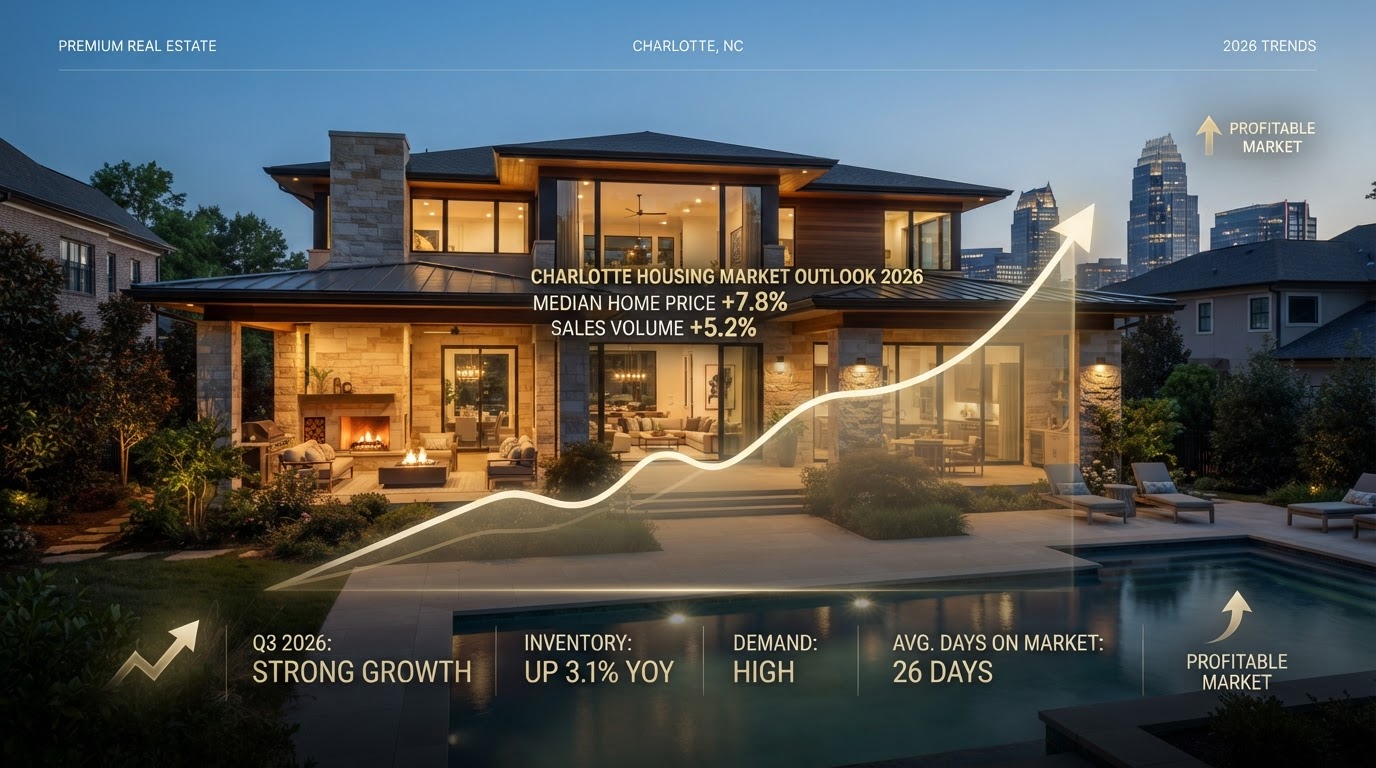 Charlotte NC real estate market data visualization with luxury home backdrop