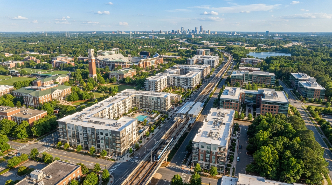 Aerial view of University City Charlotte NC with UNC Charlotte campus and modern buildings