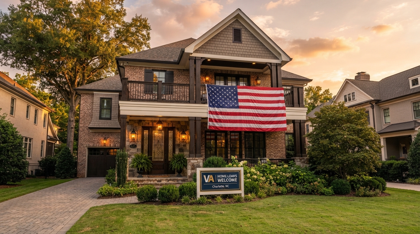 Patriotic American flag draped home exterior in Charlotte NC area for military VA loan buyers