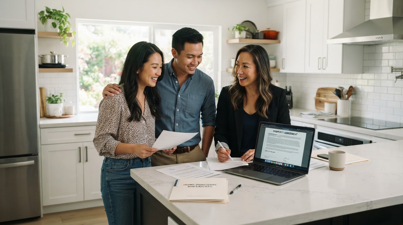 A diverse Asian American couple standing in a bright modern kitchen reviewing real estate documents with a professional female real estate advisor looking at a laptop together