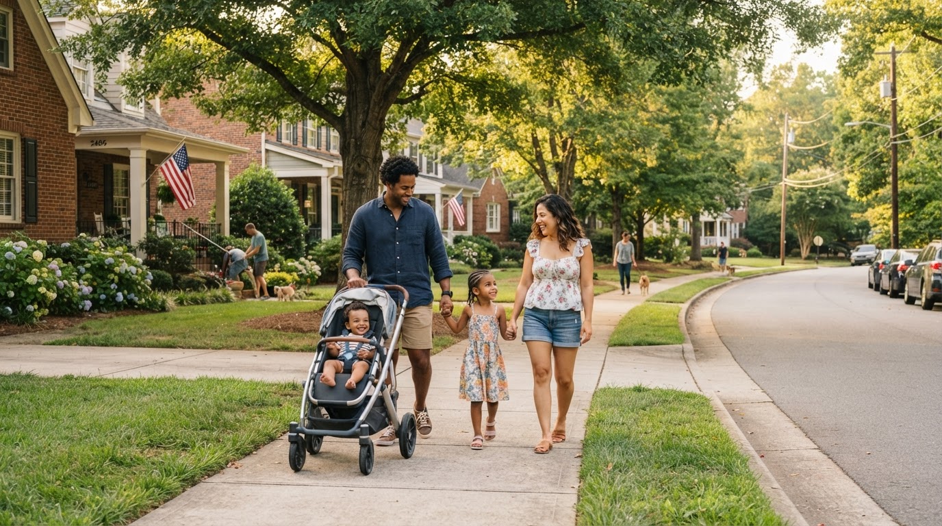 A young diverse family with a baby stroller walking down a tree-lined street in Stallings NC