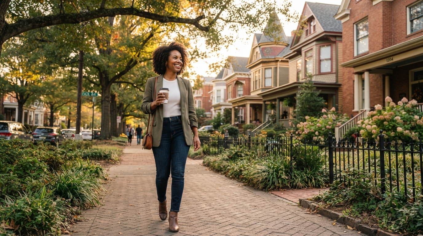 A professional African American woman exploring a vibrant Charlotte NC neighborhood with historic homes