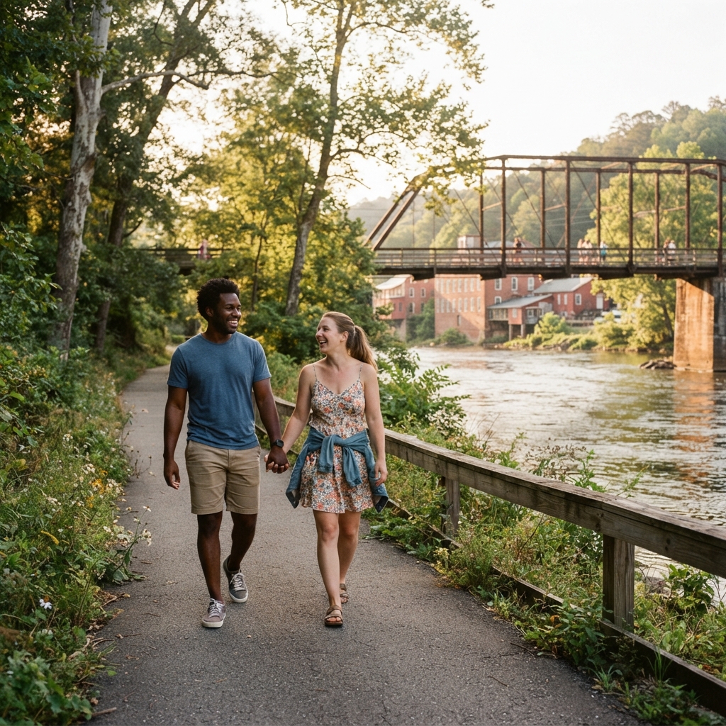A diverse couple walking along a riverside trail in a small Gaston County town with a bridge and greenery