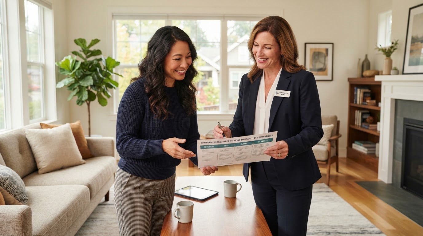 A diverse homeowner reviewing a home warranty vs homeowners insurance comparison with an insurance agent in a modern living room