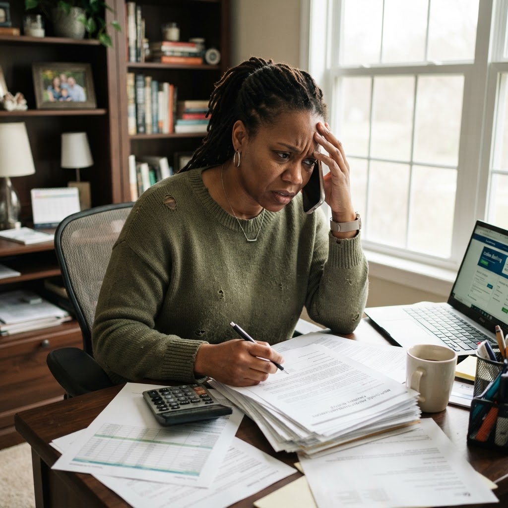 A distressed homeowner of color on the phone with a lender while reviewing mortgage documents