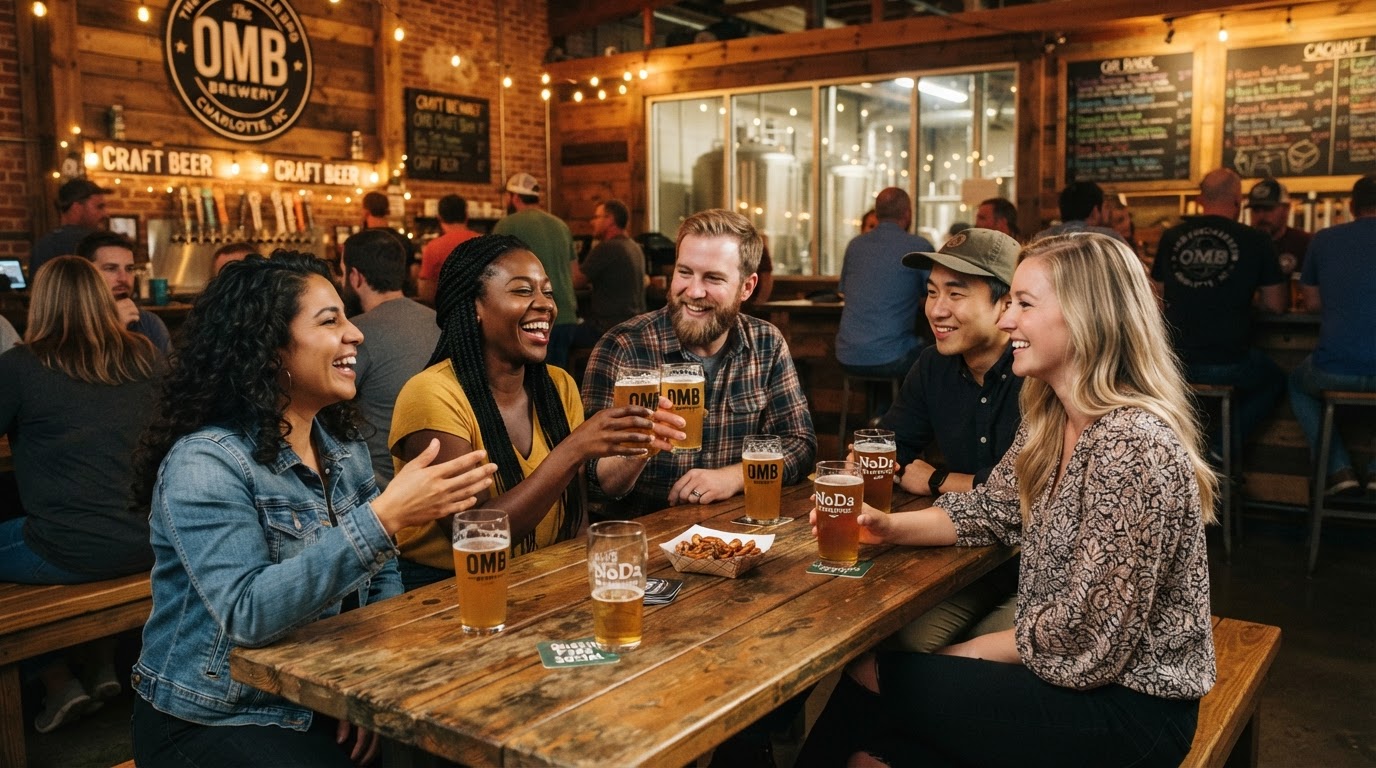 Diverse group of friends enjoying craft beer at a Charlotte brewery taproom