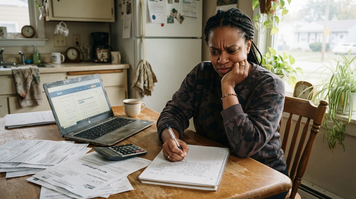 A diverse distressed homeowner sitting at a kitchen table writing a hardship letter with documents and a laptop