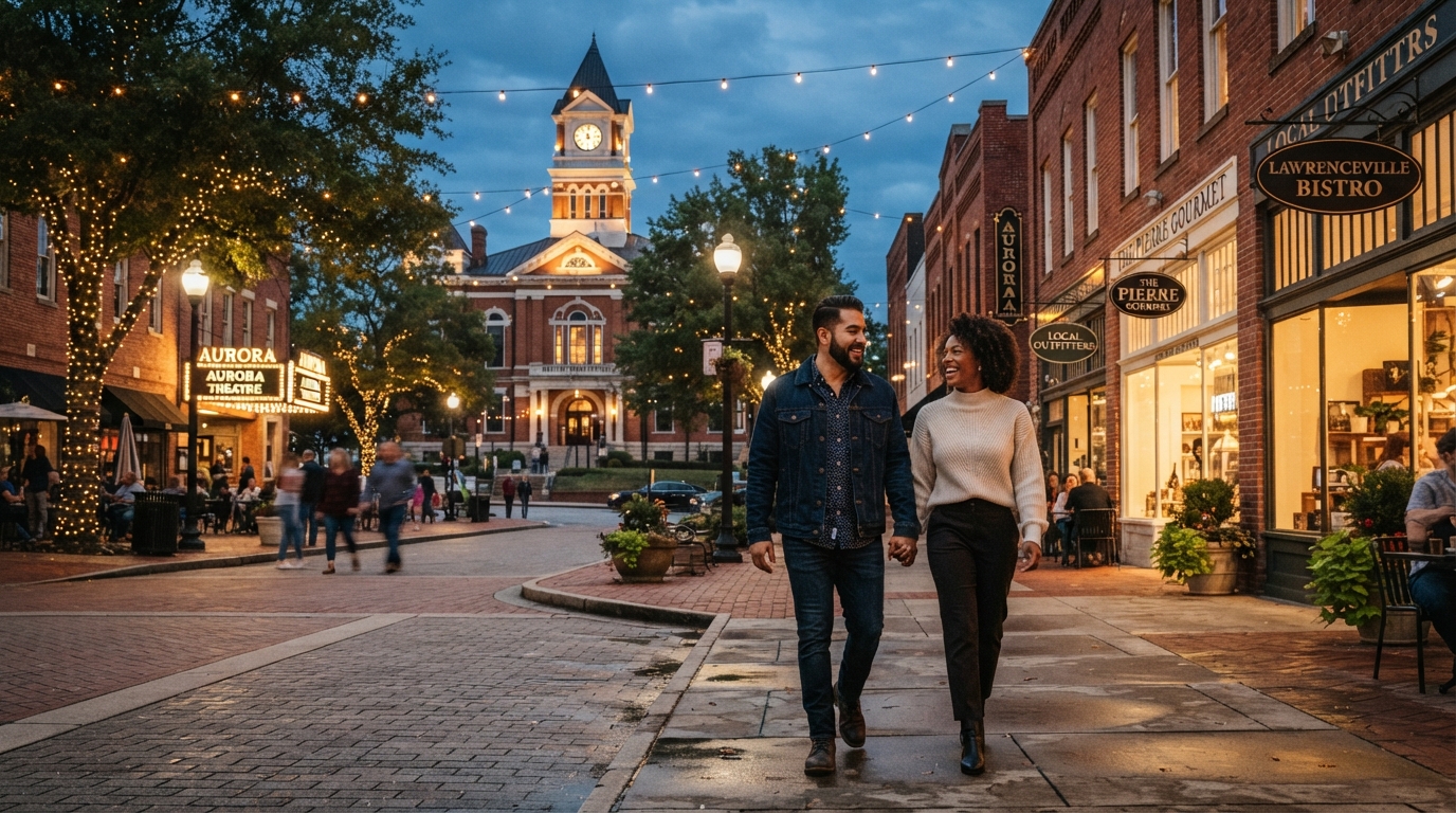 A diverse young couple strolling through historic downtown Lawrenceville GA square with brick buildings and shops in evening lights