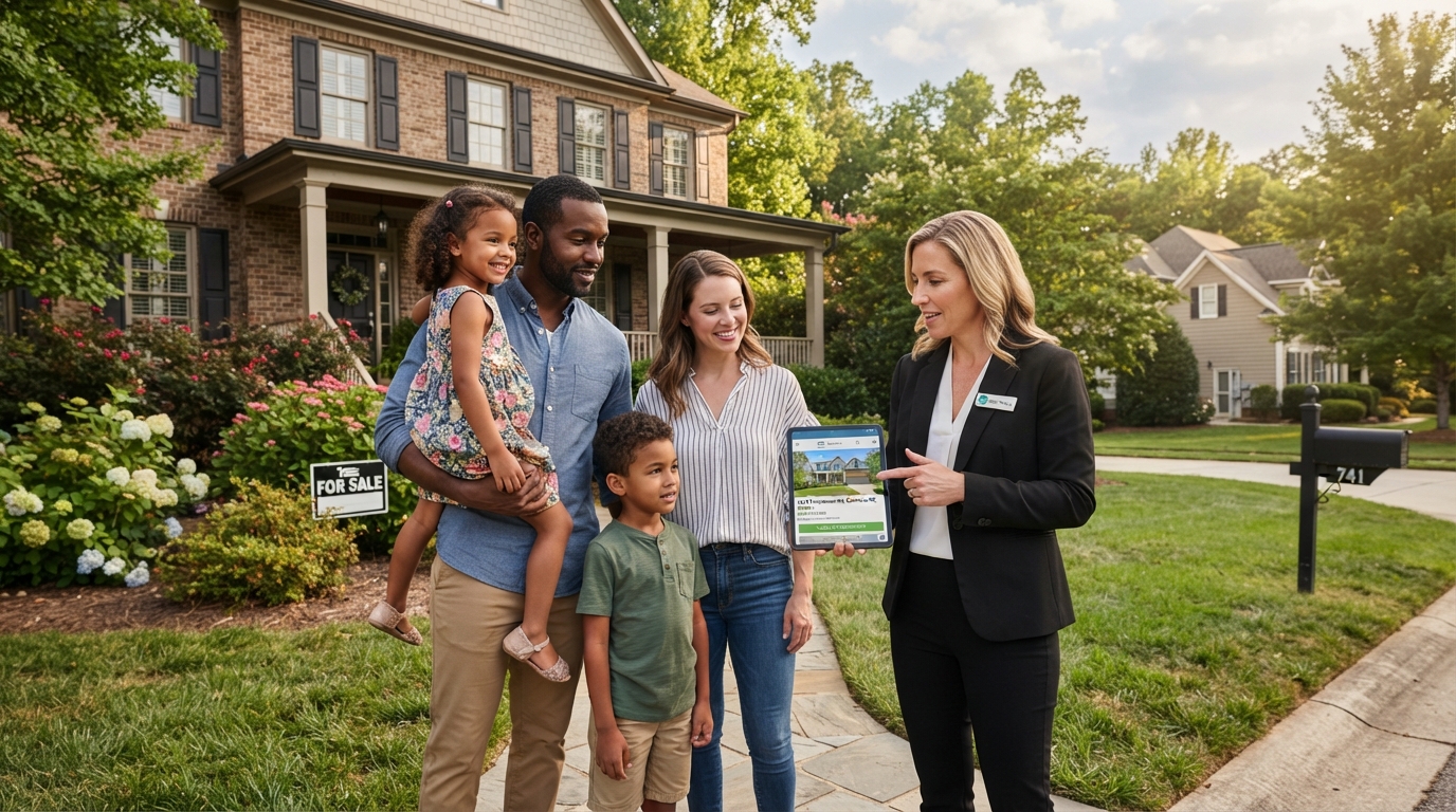 A diverse family of four standing in front of their current home while a real estate agent shows them a tablet with a trade-in home listing