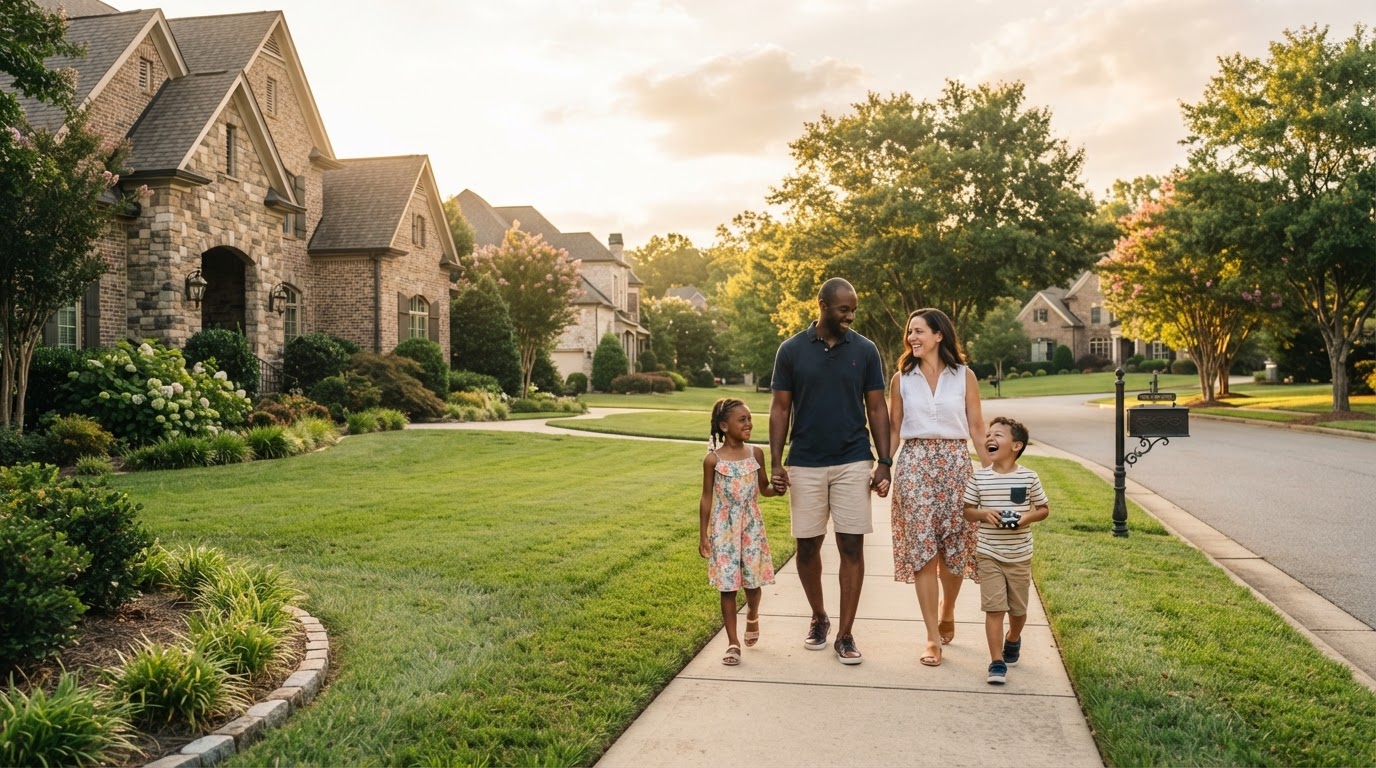 A diverse family with children walking through an upscale suburban neighborhood with large estate homes in Weddington NC