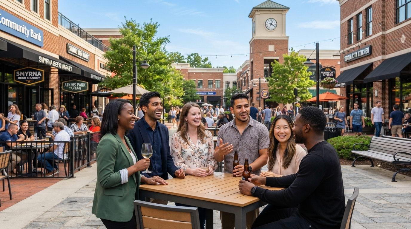 A diverse group of young professionals of different races gathering at the Smyrna GA Market Village outdoor plaza with shops and restaurants
