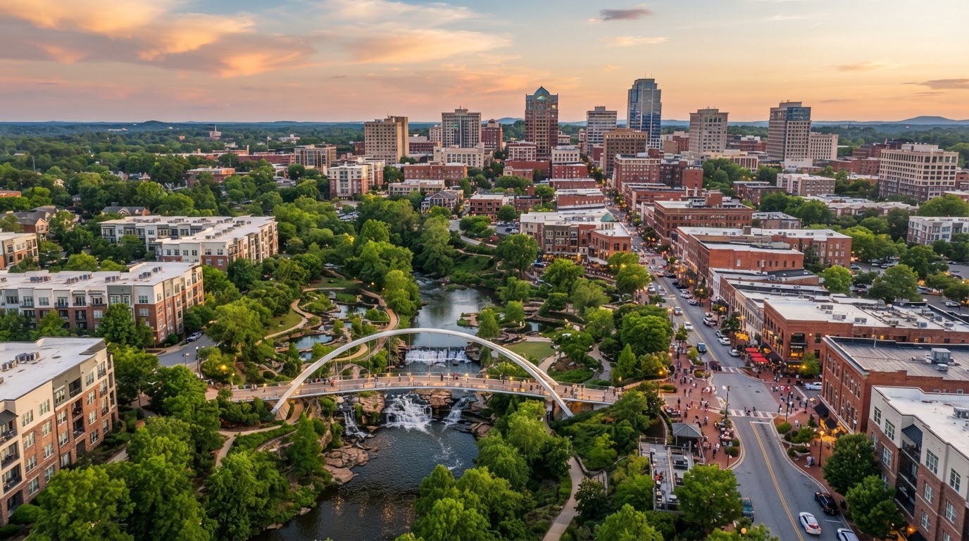 Aerial view of downtown Greenville SC with Falls Park on the Reedy and vibrant Main Street