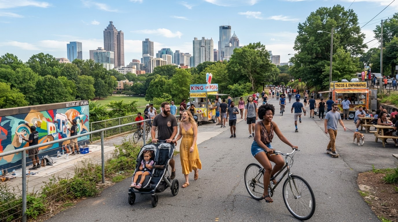 Diverse group of young adults and families biking and walking along the Atlanta BeltLine on a sunny weekend with street art and Piedmont Park visible with Atlanta skyline