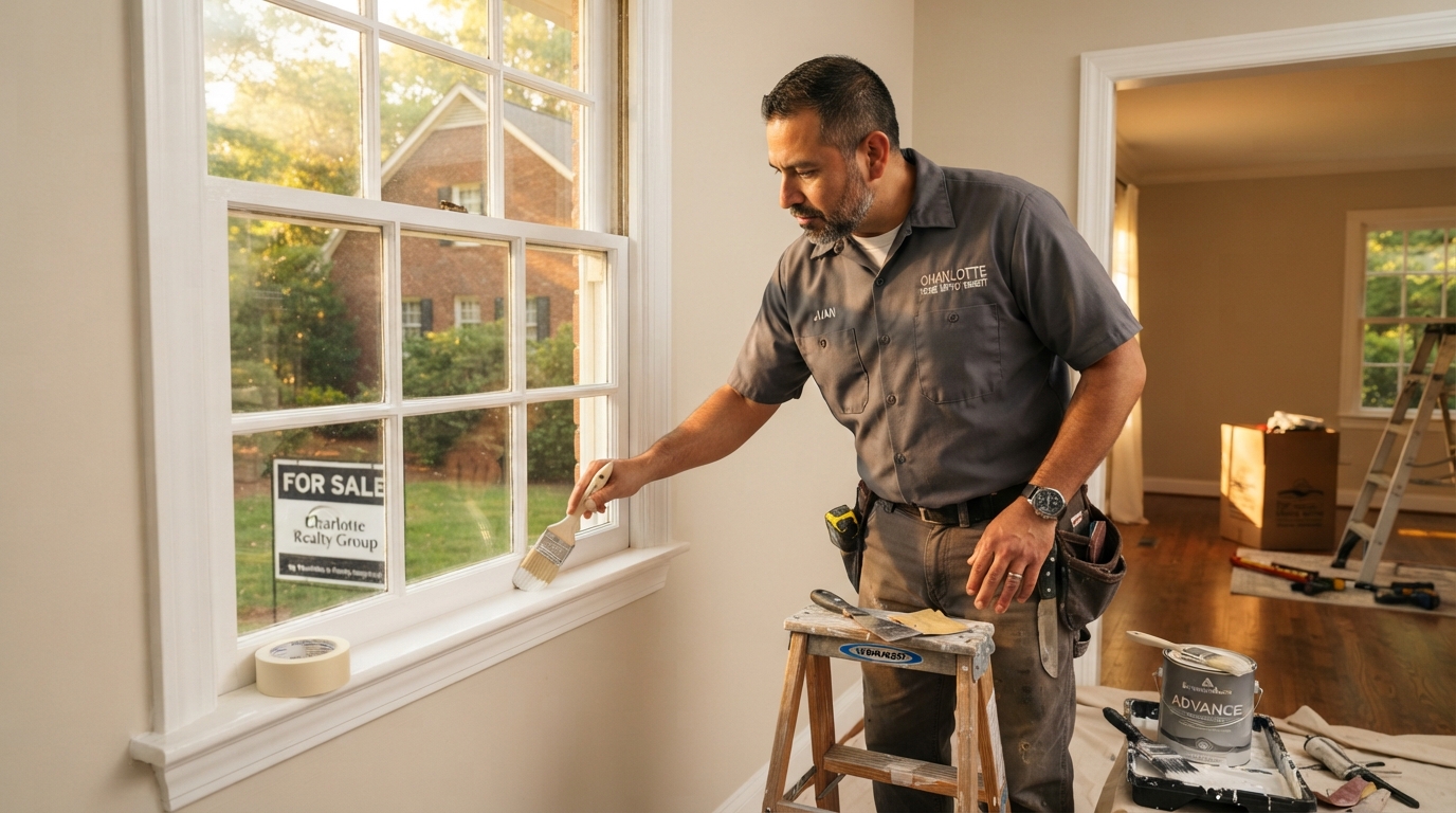 A Hispanic handyman making repairs to a Charlotte home before selling, painting trim with a brush and tools nearby