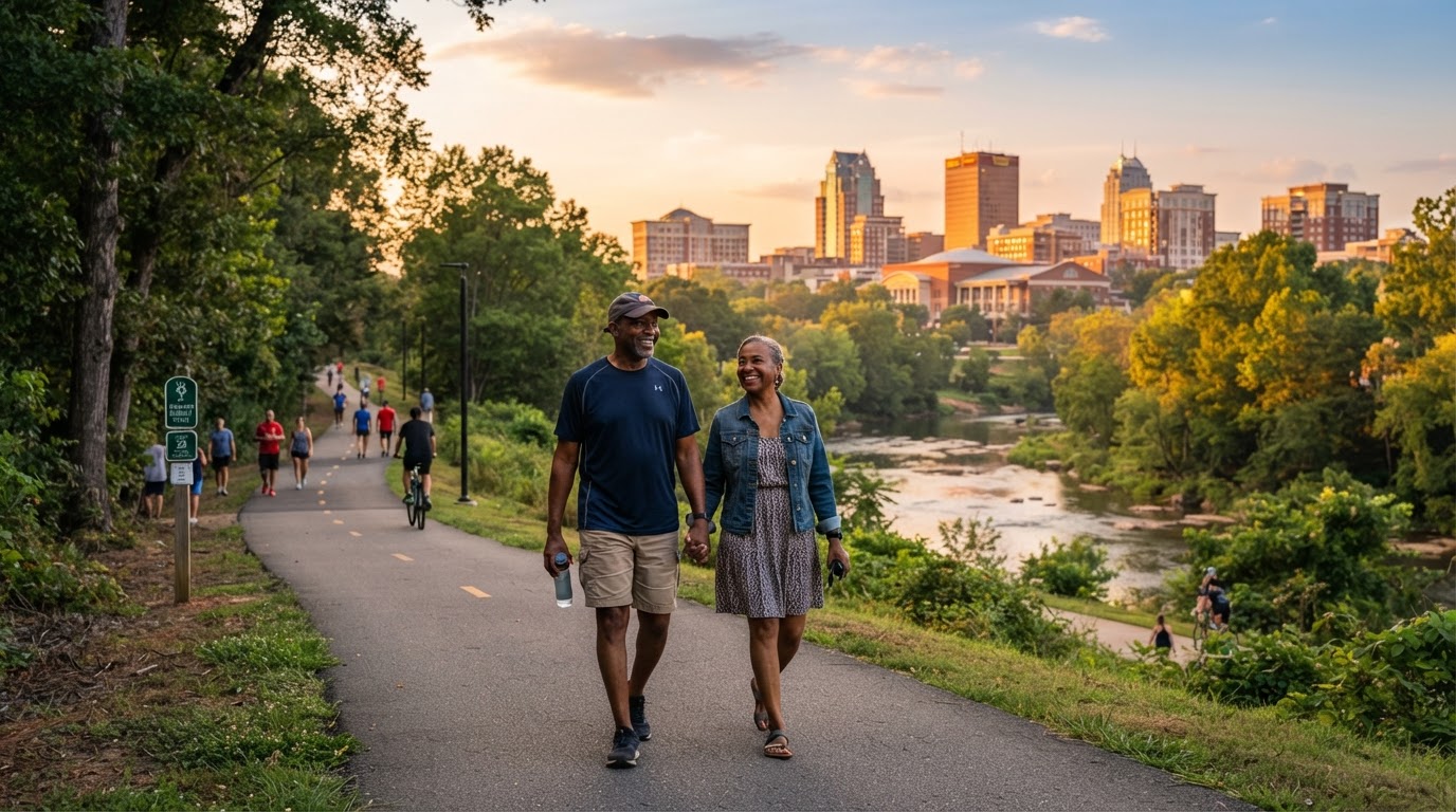 An older Black couple walking hand in hand along a trail in Greenville SC with downtown skyline visible
