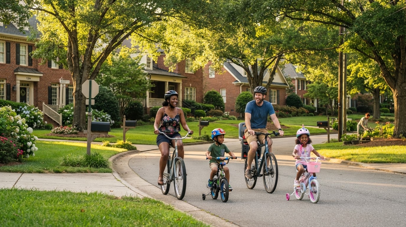 A diverse family with two children riding bicycles through a tree-lined suburban street in Mint Hill NC with charming homes and green lawns