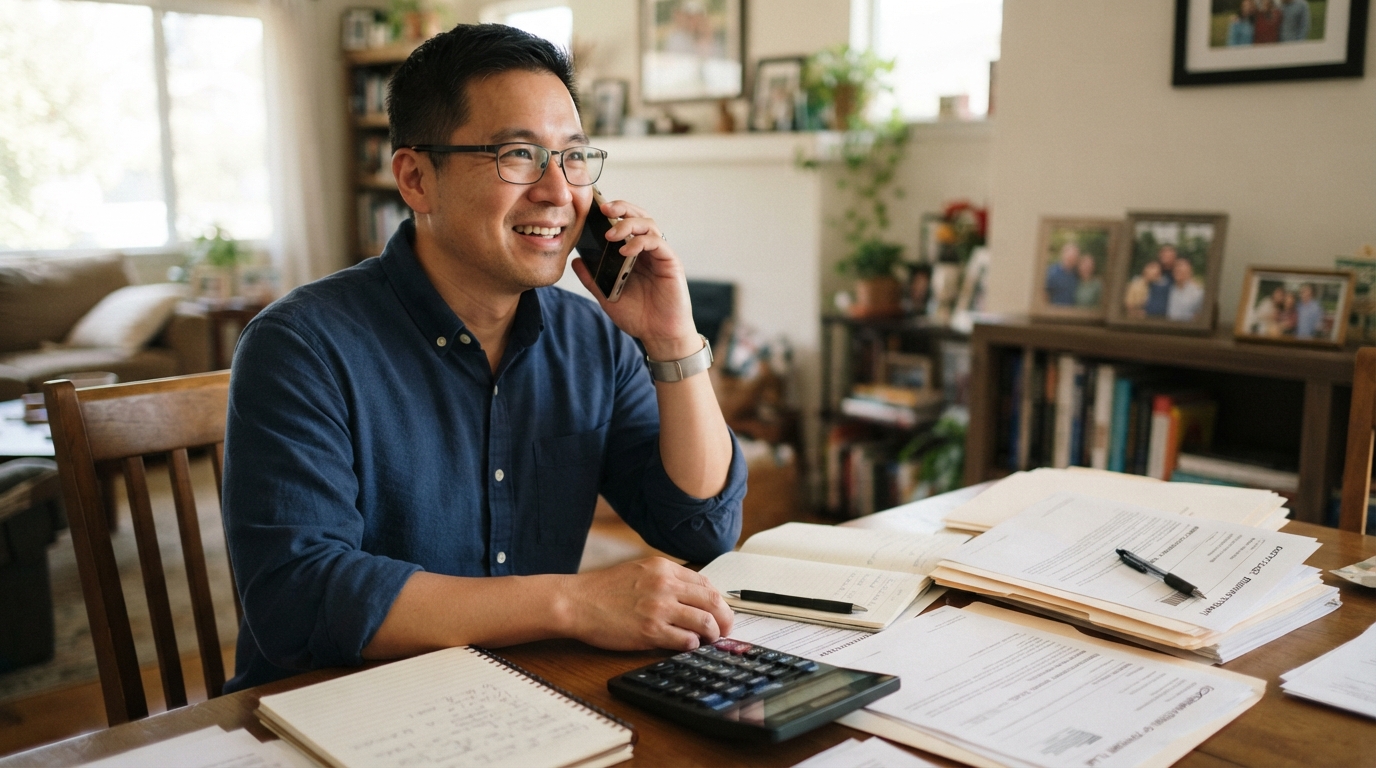 A diverse homeowner on the phone with a lender discussing mortgage reinstatement with documents and a calculator on the table