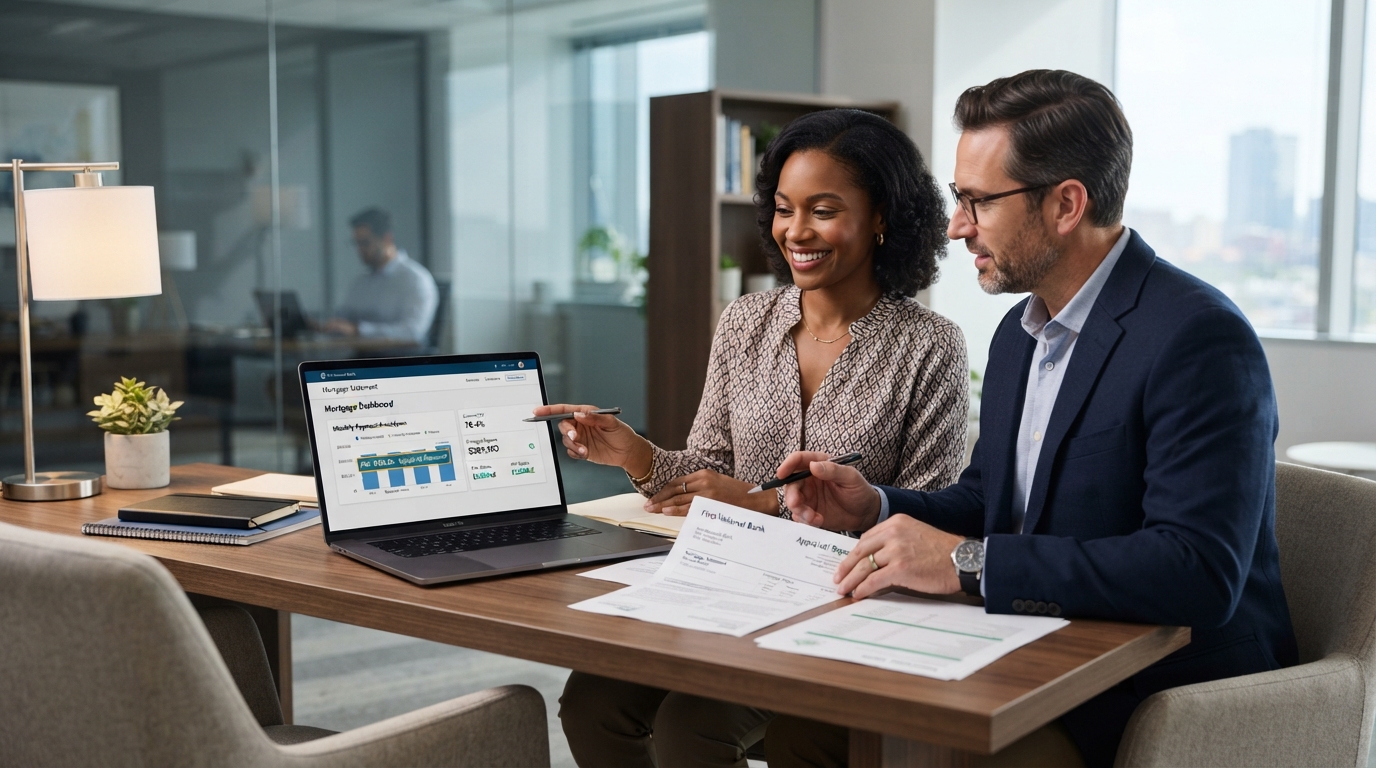 A diverse homeowner sitting with a laptop reviewing a mortgage statement with a financial advisor, discussing removing PMI private mortgage insurance