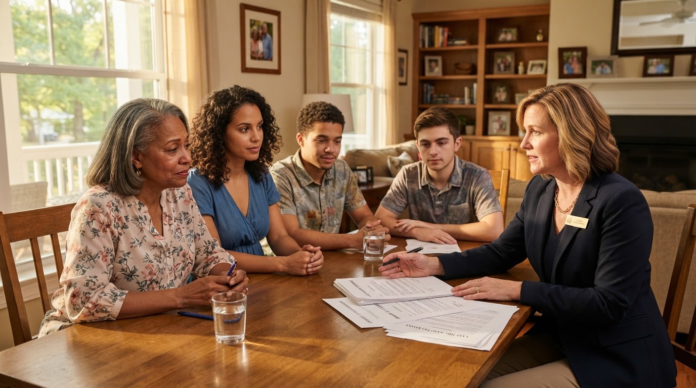 A diverse family sitting with a real estate advisor in a South Carolina home reviewing probate documents