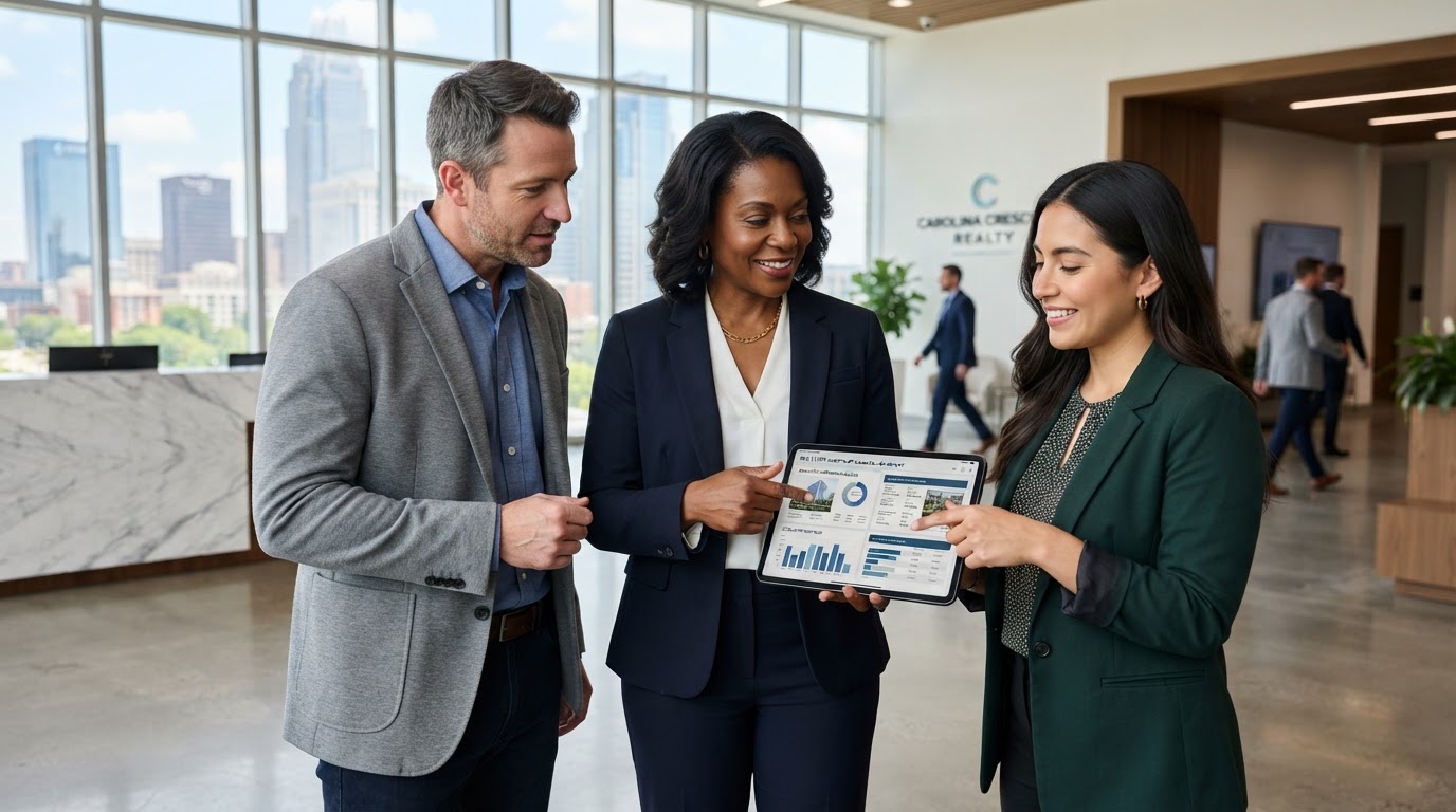 A diverse group of three professionals reviewing real estate investment documents on a tablet in a modern Charlotte NC office lobby