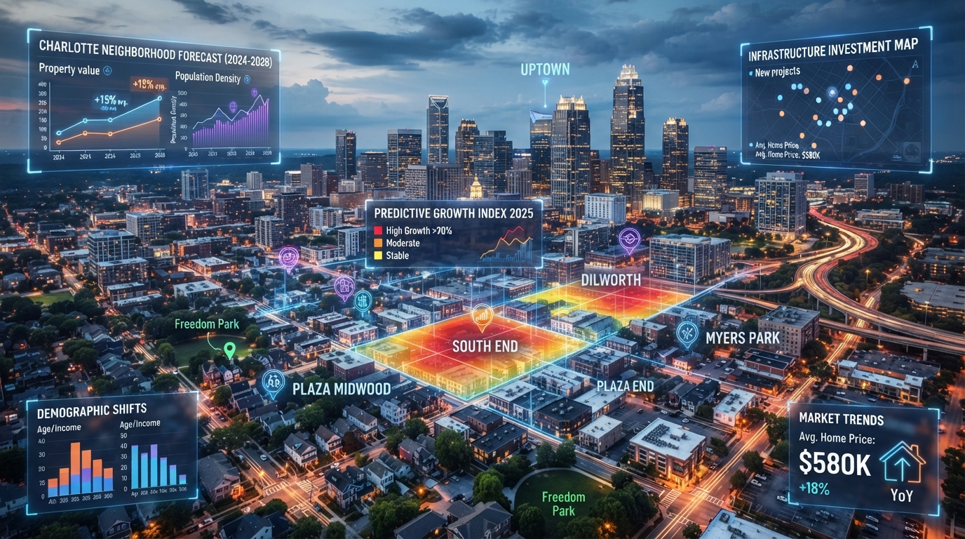 Aerial view of Charlotte NC neighborhoods with predictive analytics data visualization overlay