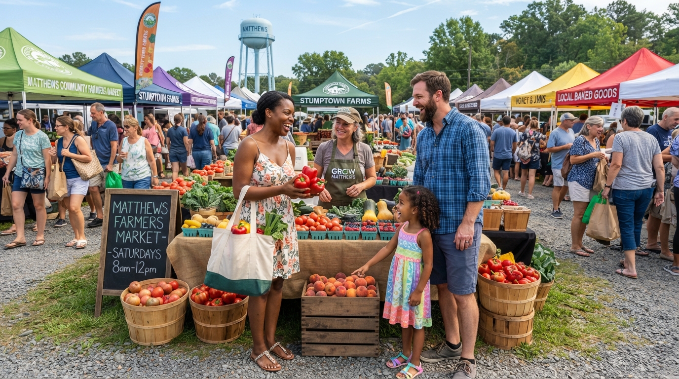 A diverse family browsing fresh produce at the Matthews NC farmers market on a Saturday morning, vendors and community gathering