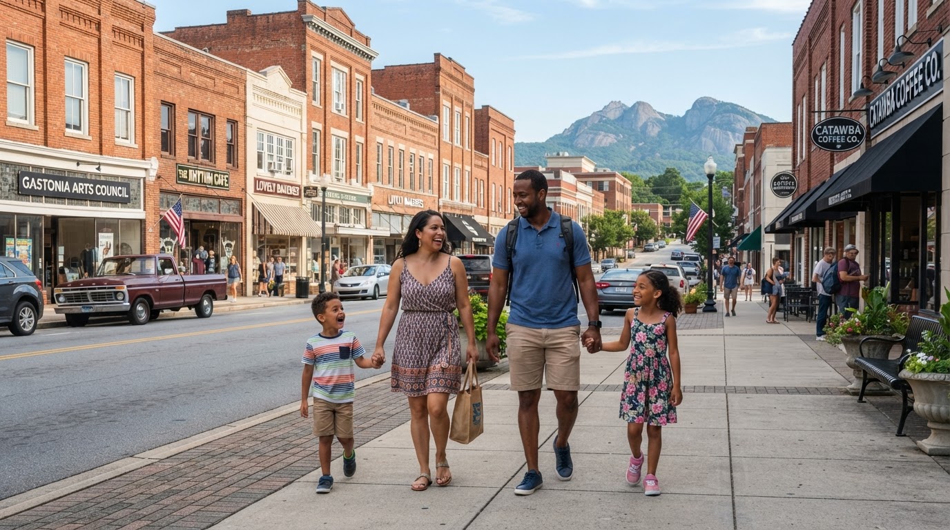 A diverse family with two children walking through downtown Gastonia NC main street with historic brick buildings and local shops