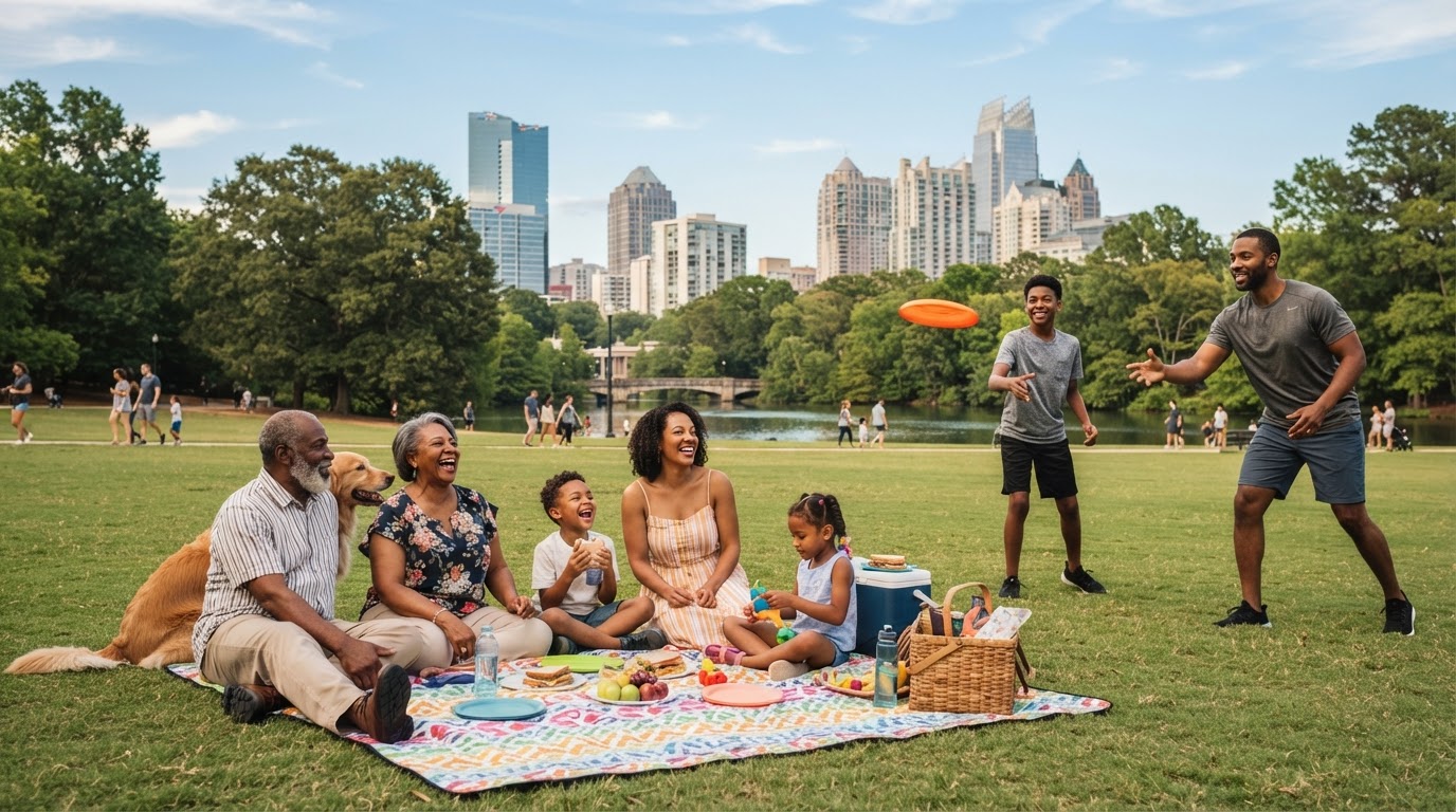 Multigenerational diverse family enjoying weekend activities at Piedmont Park in Atlanta