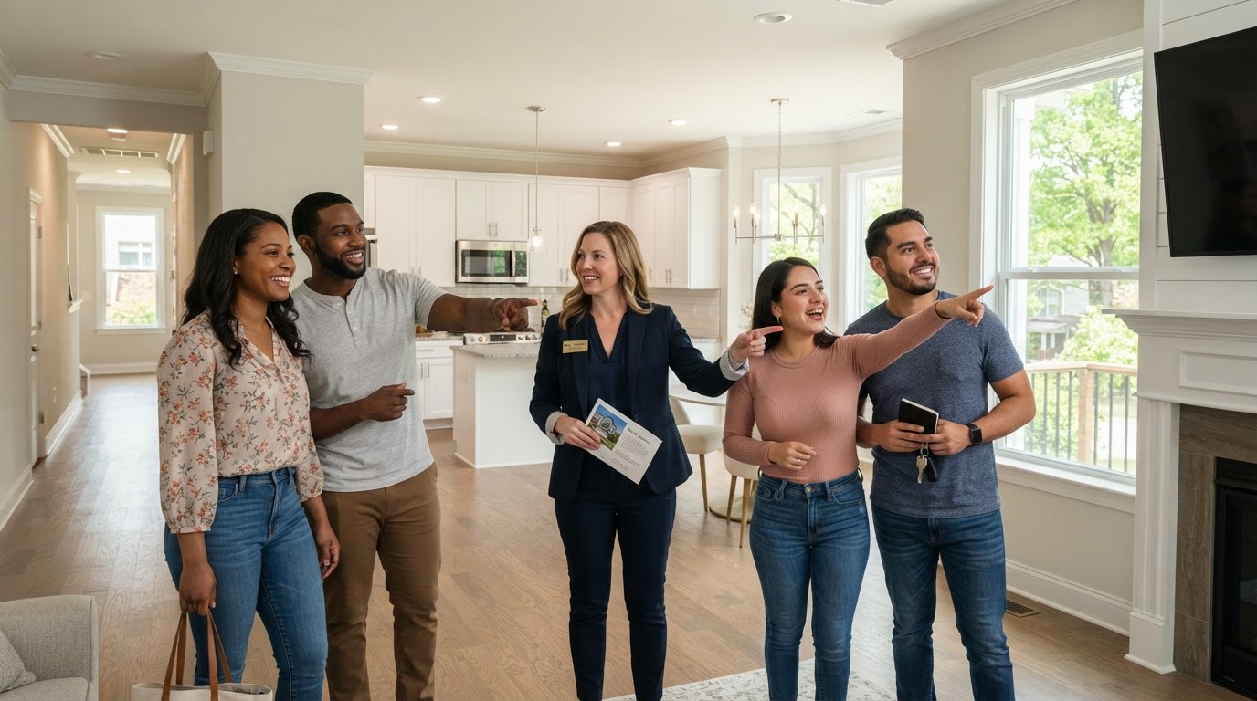 A diverse group of first-time homebuyers touring a Charlotte NC home with a real estate agent