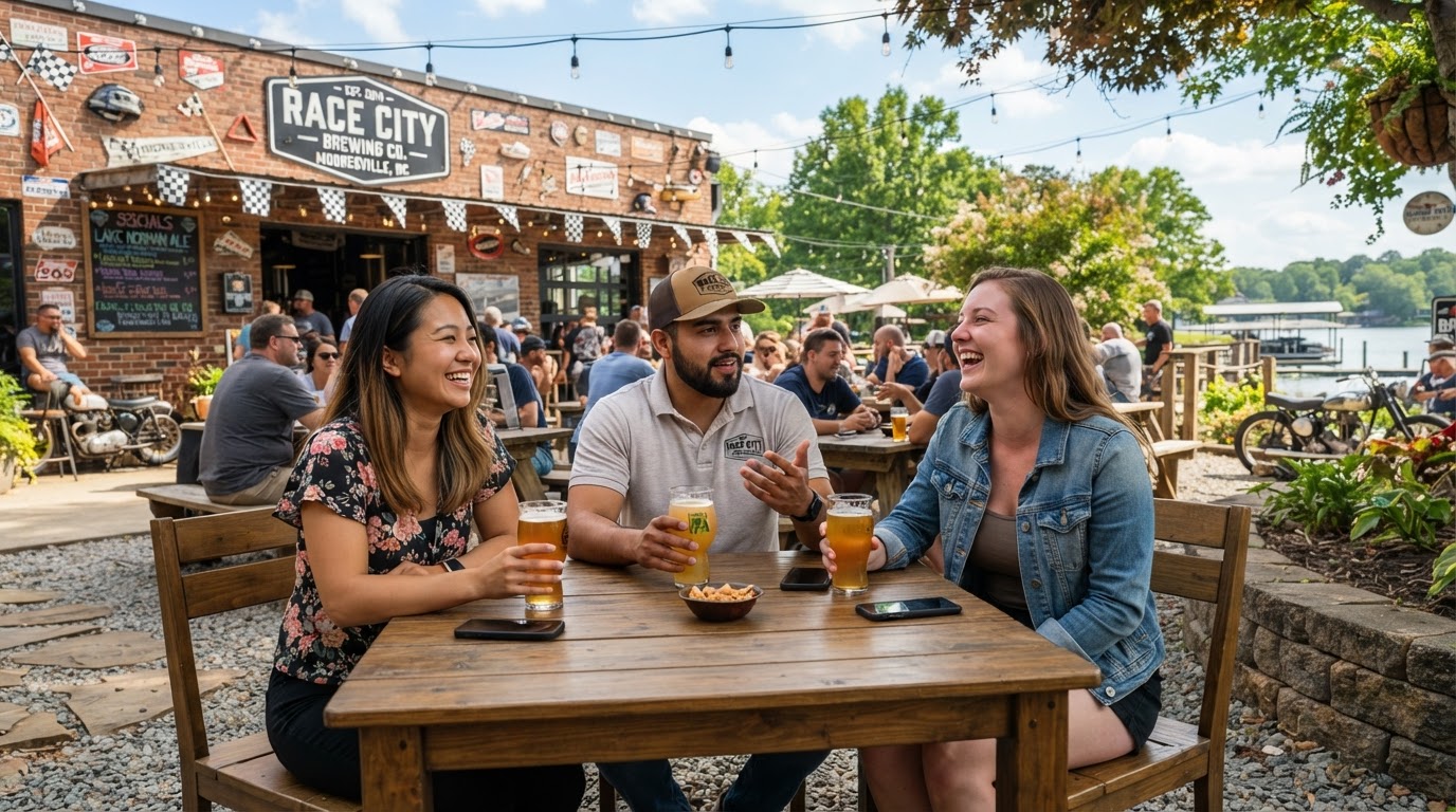 A diverse group of friends — an Asian woman, Hispanic man, and white woman — enjoying a sunny afternoon at a craft brewery in Mooresville North Carolina near Lake Norman, with outdoor seating and string lights