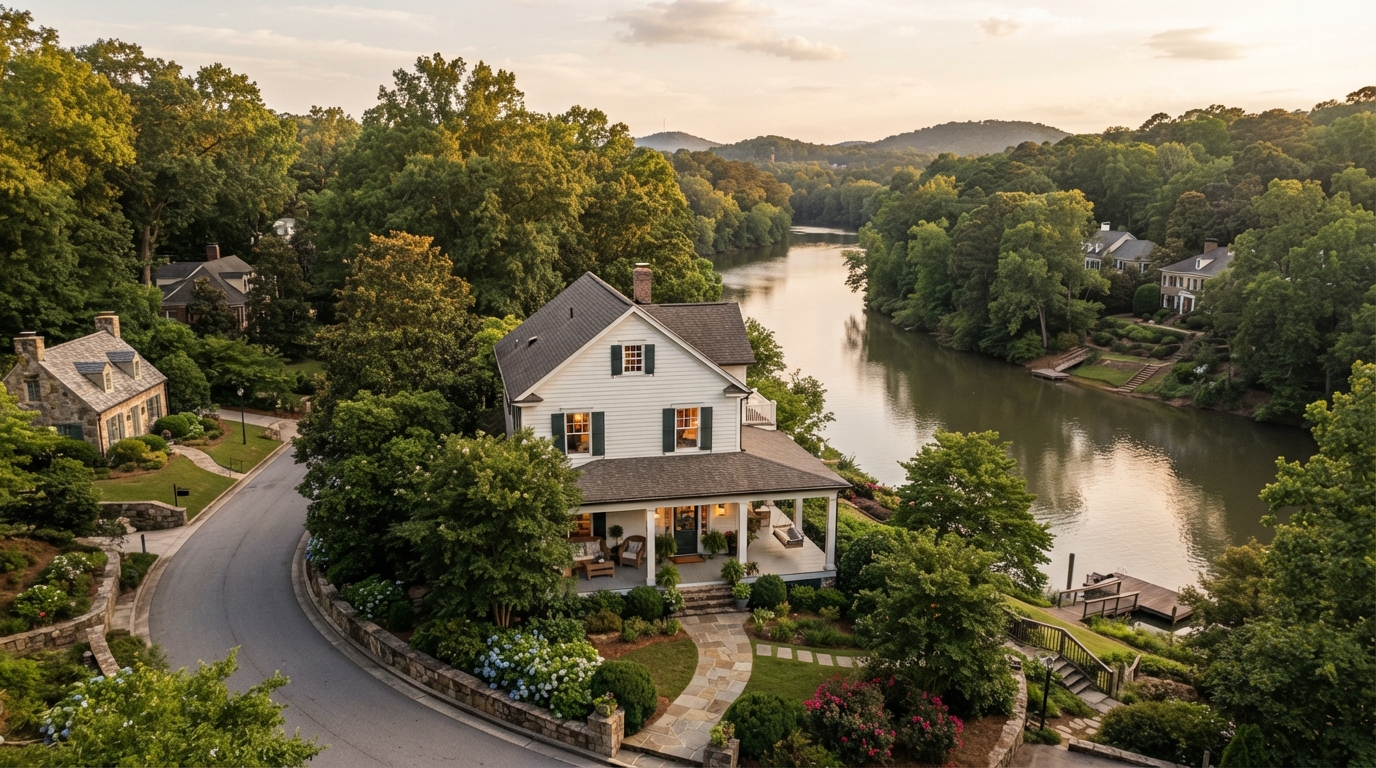 Vinings GA riverside community with charming historic homes and Chattahoochee River