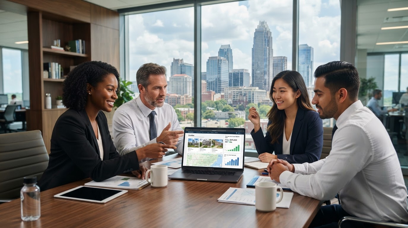 A diverse group of real estate investors reviewing property listings and market data on a laptop at a modern Charlotte NC office with the city skyline visible