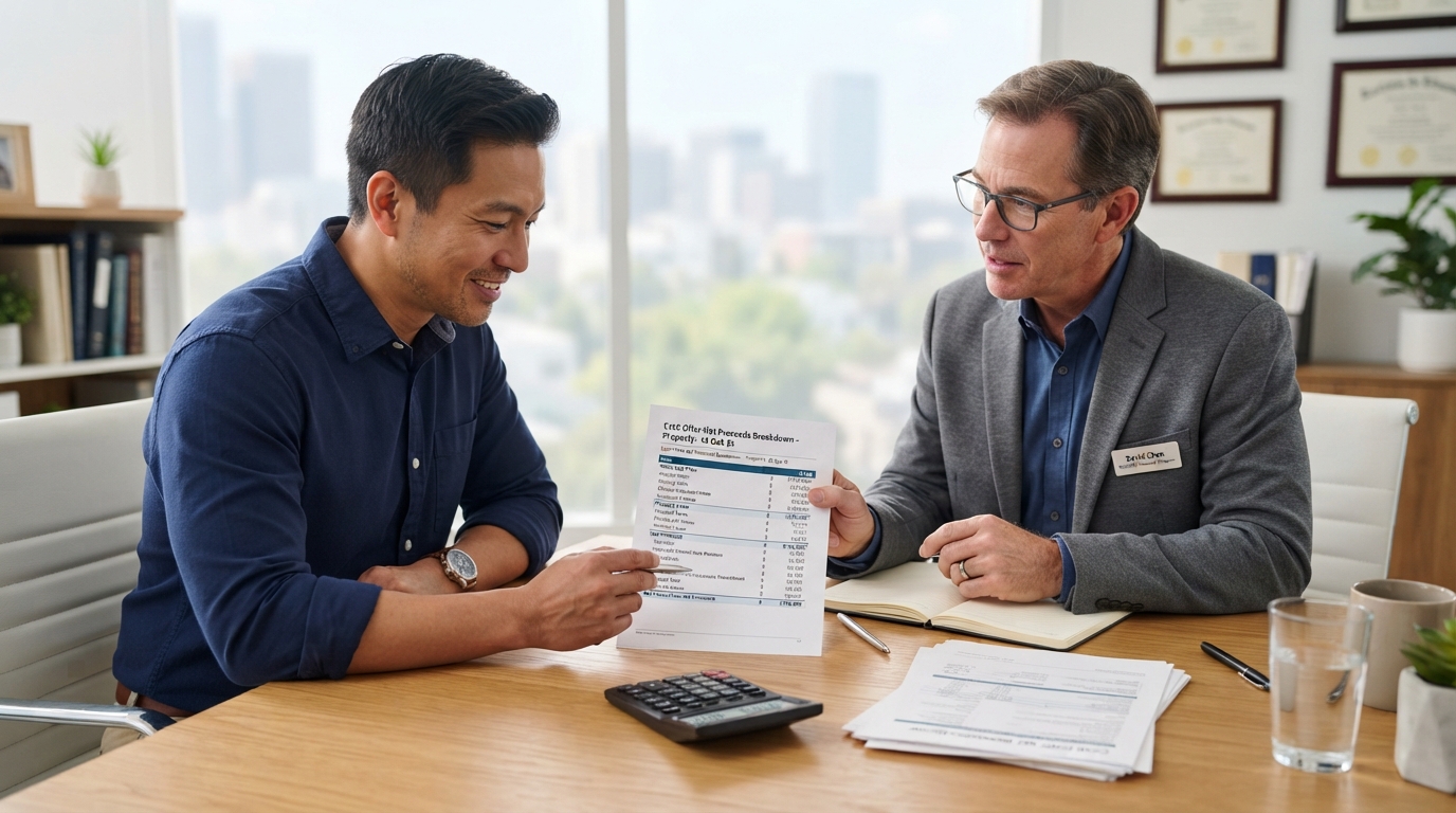 A diverse homeowner reviewing a cash offer net proceeds breakdown with a male financial advisor, calculator and documents on the table