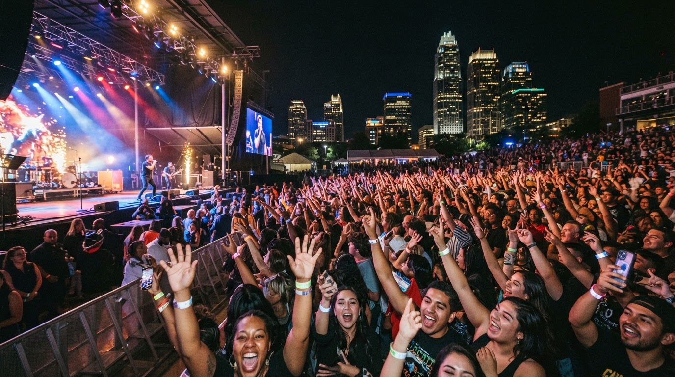 A diverse crowd of music fans at an outdoor Charlotte concert venue at night with stage lights and city skyline