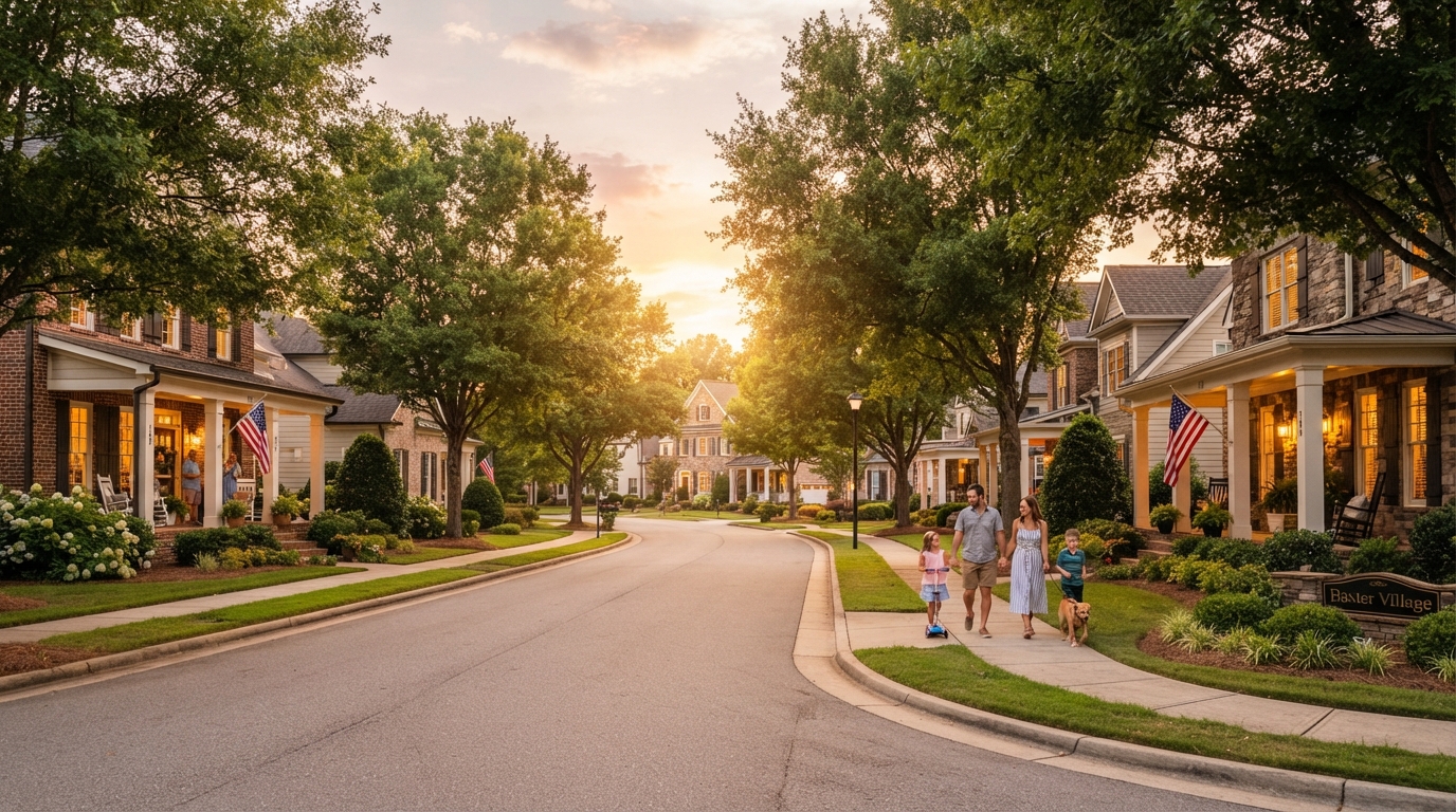 Welcoming Fort Mill South Carolina suburban neighborhood with tree-lined streets at golden hour