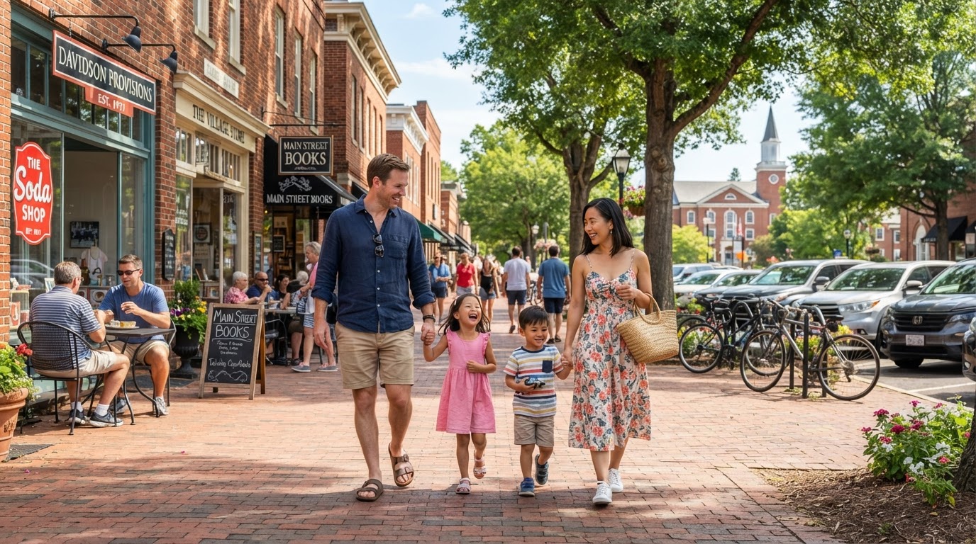 A diverse young family — a white father, Asian mother, and two children — walking through the charming downtown of Davidson North Carolina on a sunny Saturday morning, passing local shops and cafes