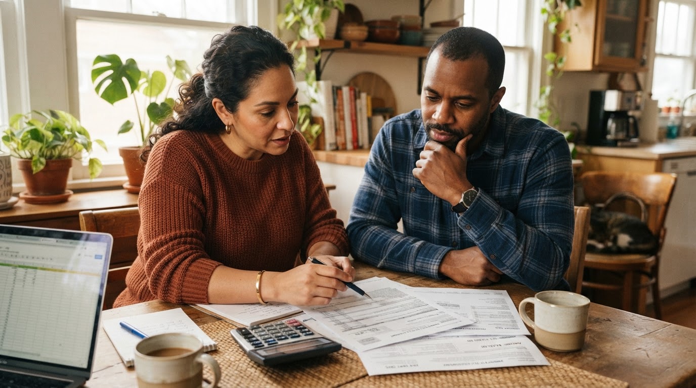 A diverse couple reviewing property tax documents at a kitchen table with a calculator