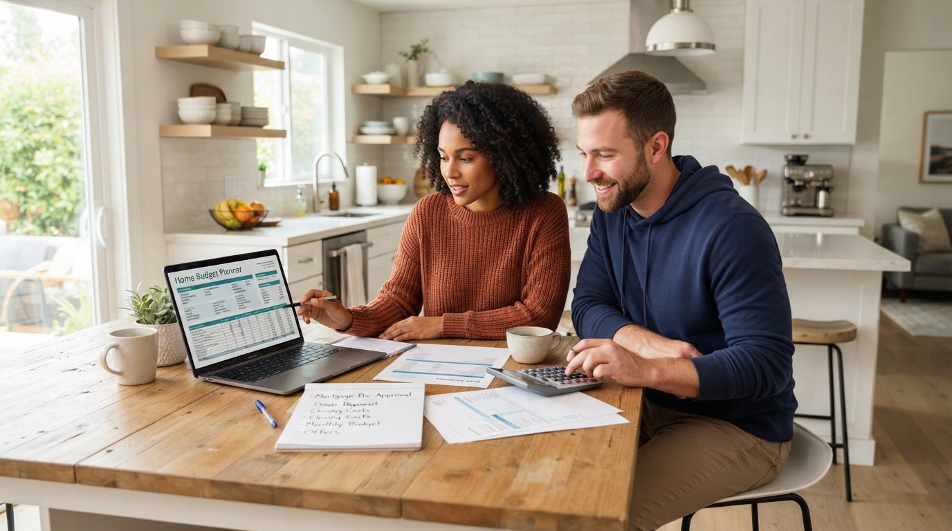 Diverse young couple reviewing home buying costs and budgeting at a kitchen table with laptop and documents