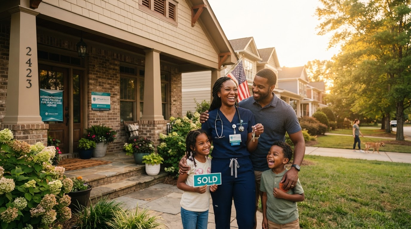 Healthcare worker with stethoscope in front of a welcoming Charlotte NC home, representing down payment assistance