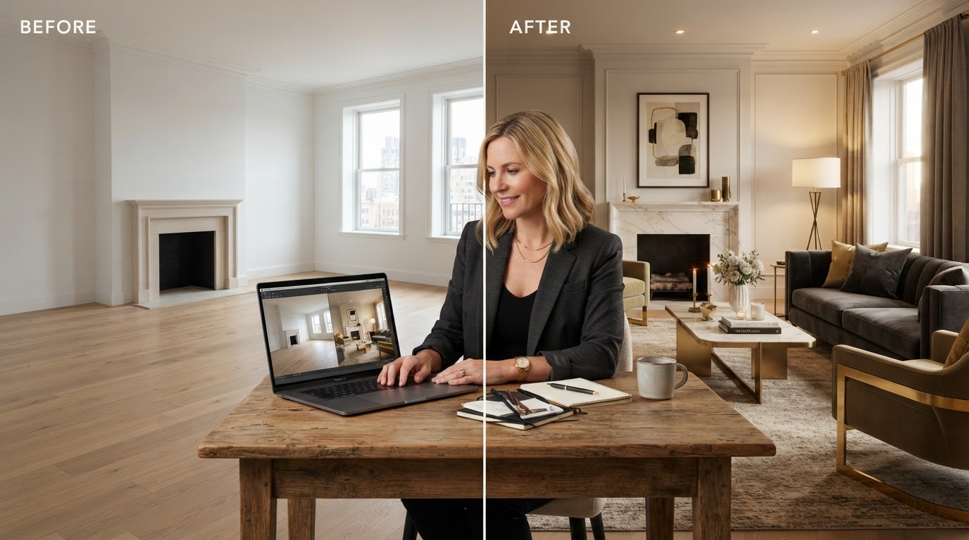 An interior designer using a laptop to digitally stage a luxury living room, split-screen showing before and after virtual staging