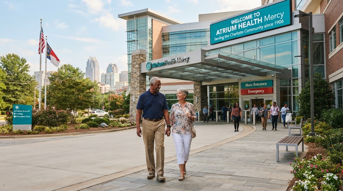 A diverse senior couple walking into a modern hospital building in Charlotte NC with healthcare signage