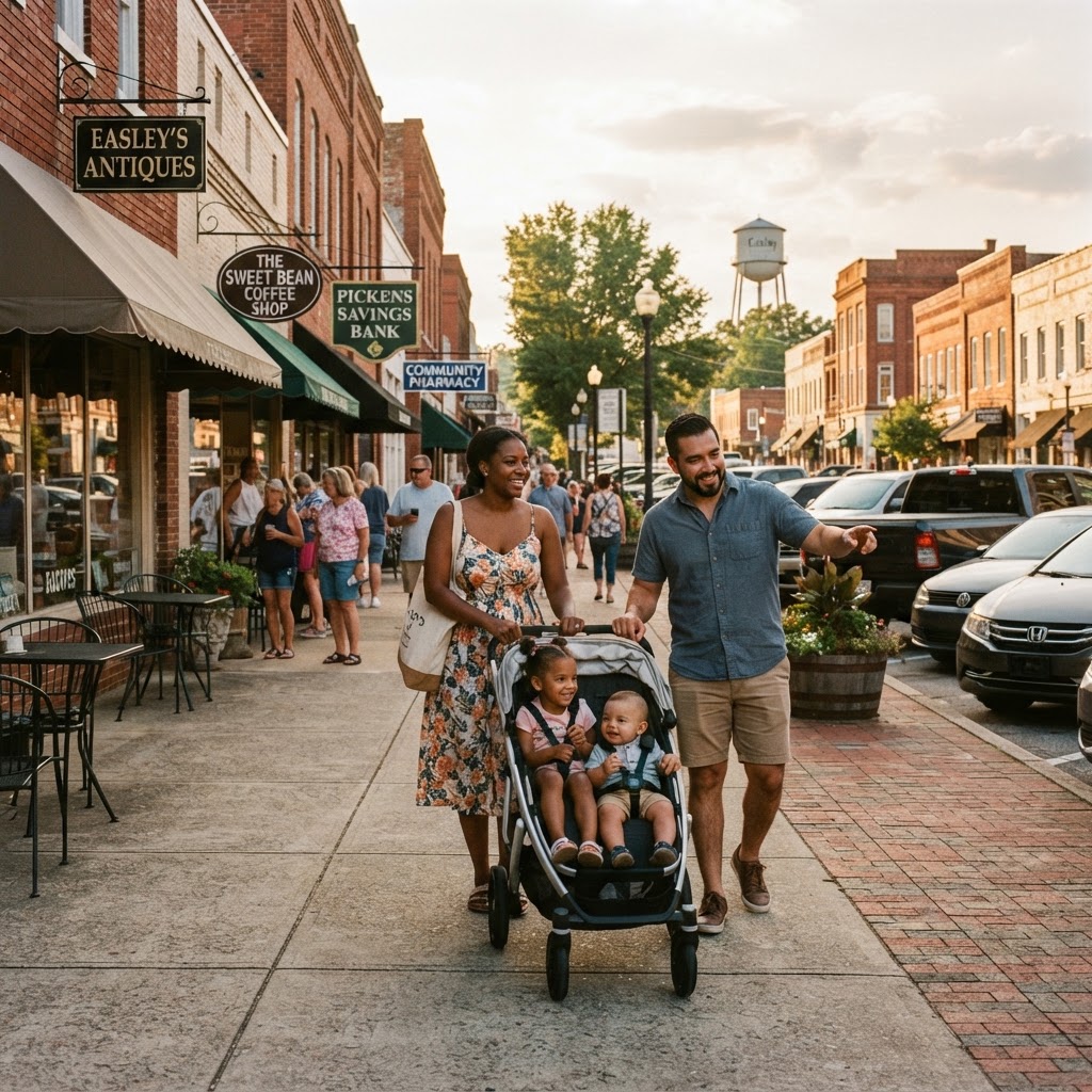 A diverse young family exploring a growing Pickens County suburb with a main street scene, shops and strollers